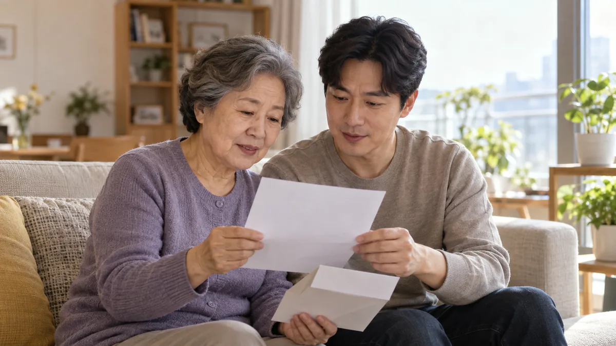 부모님과 자녀가 거실에서 국민연금 안내 우편물을 함께 살펴보는 모습