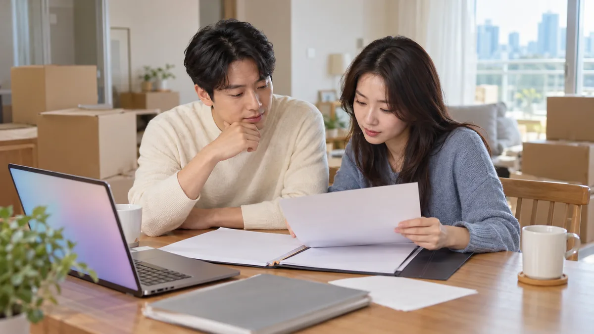 부부가 집 서류를 보며 취득세 감면 조건을 확인하는 모습