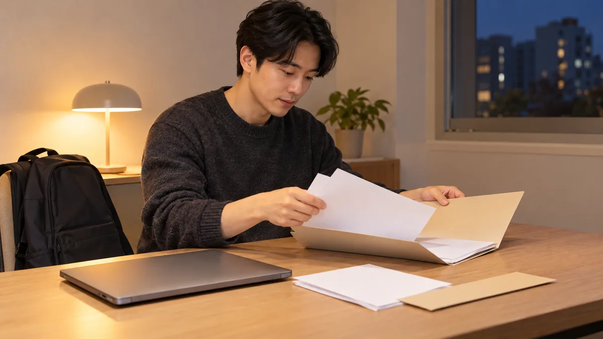 직장인 대학원생이 책상에서 등록금 서류를 정리하는 모습