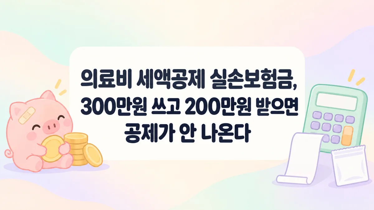 의료비 세액공제에서 실손보험금을 빼고 계산하는 모습을 돼지저금통과 계산기로 그린 파스텔톤 일러스트